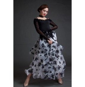 Black white velvet flower floral patchwork women's long sleeves competition Long length standard performance professional ballroom waltz tango dance dresses for ladies